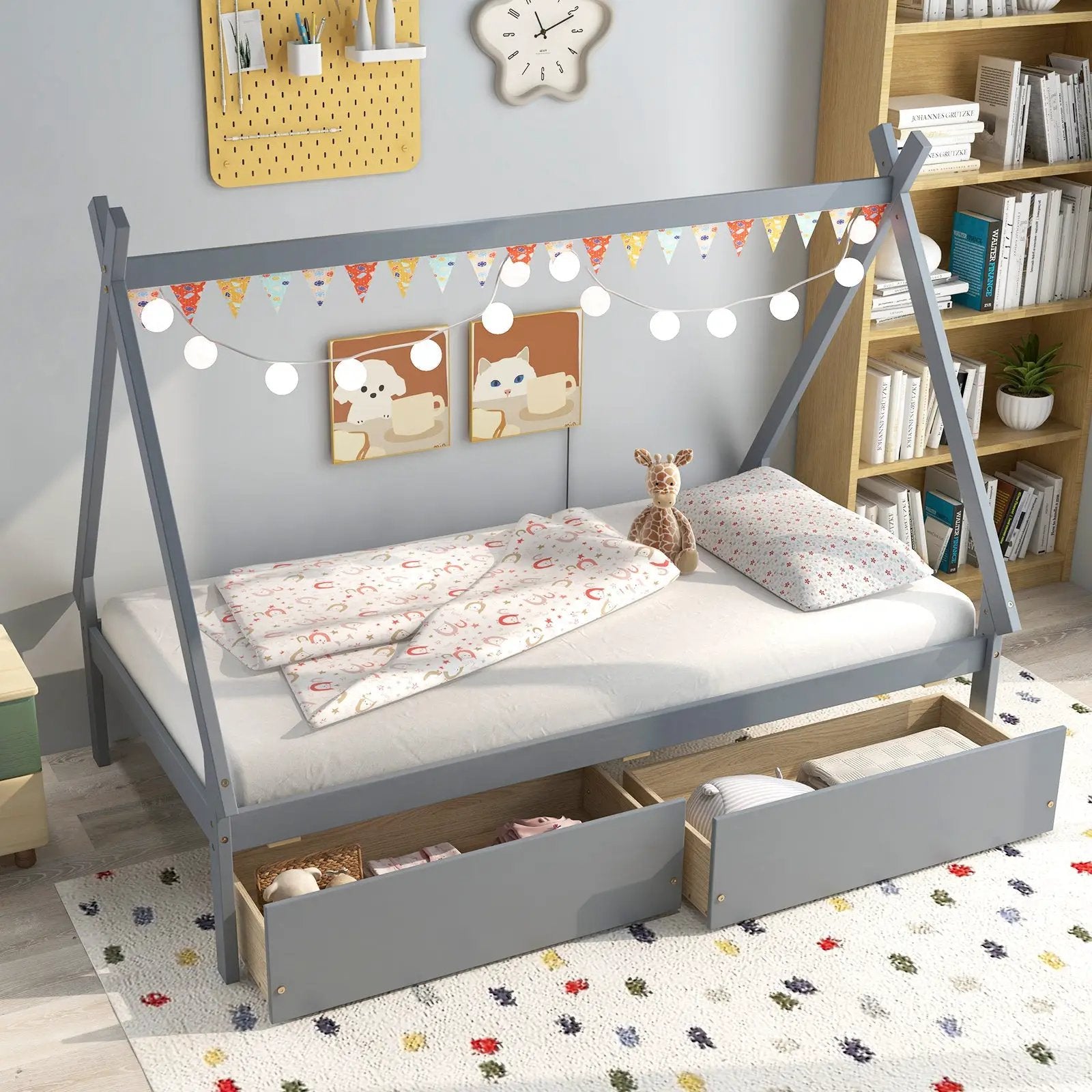 Twin Size Wooden Tent Platform House Bed with 2 Drawers by DirectDeals