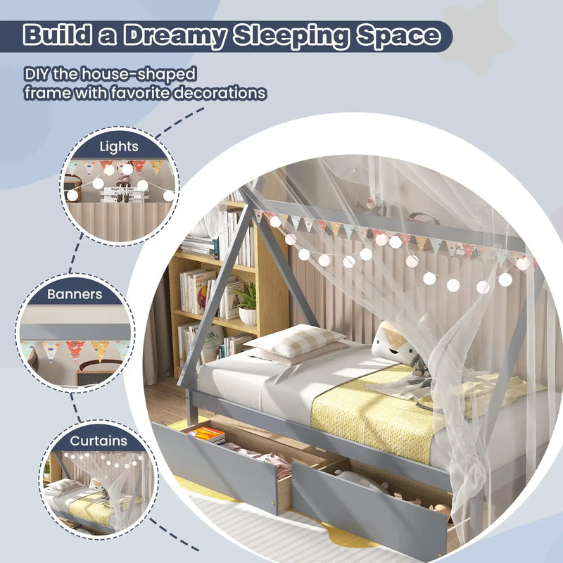 Twin Size Wooden Tent Platform House Bed with 2 Drawers by DirectDeals