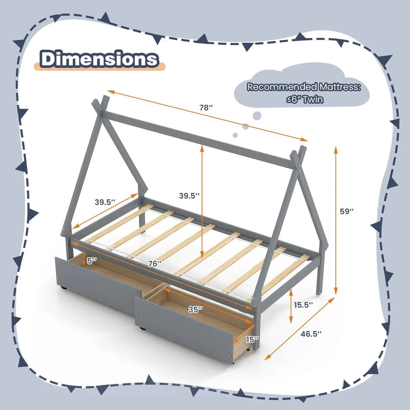 Twin Size Wooden Tent Platform House Bed with 2 Drawers by DirectDeals