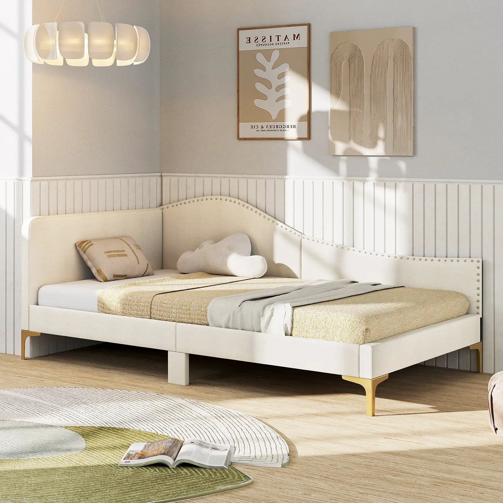 Full/Twin Size Upholstered Daybed with Metal Legs and Wood Slats by DirectDeals