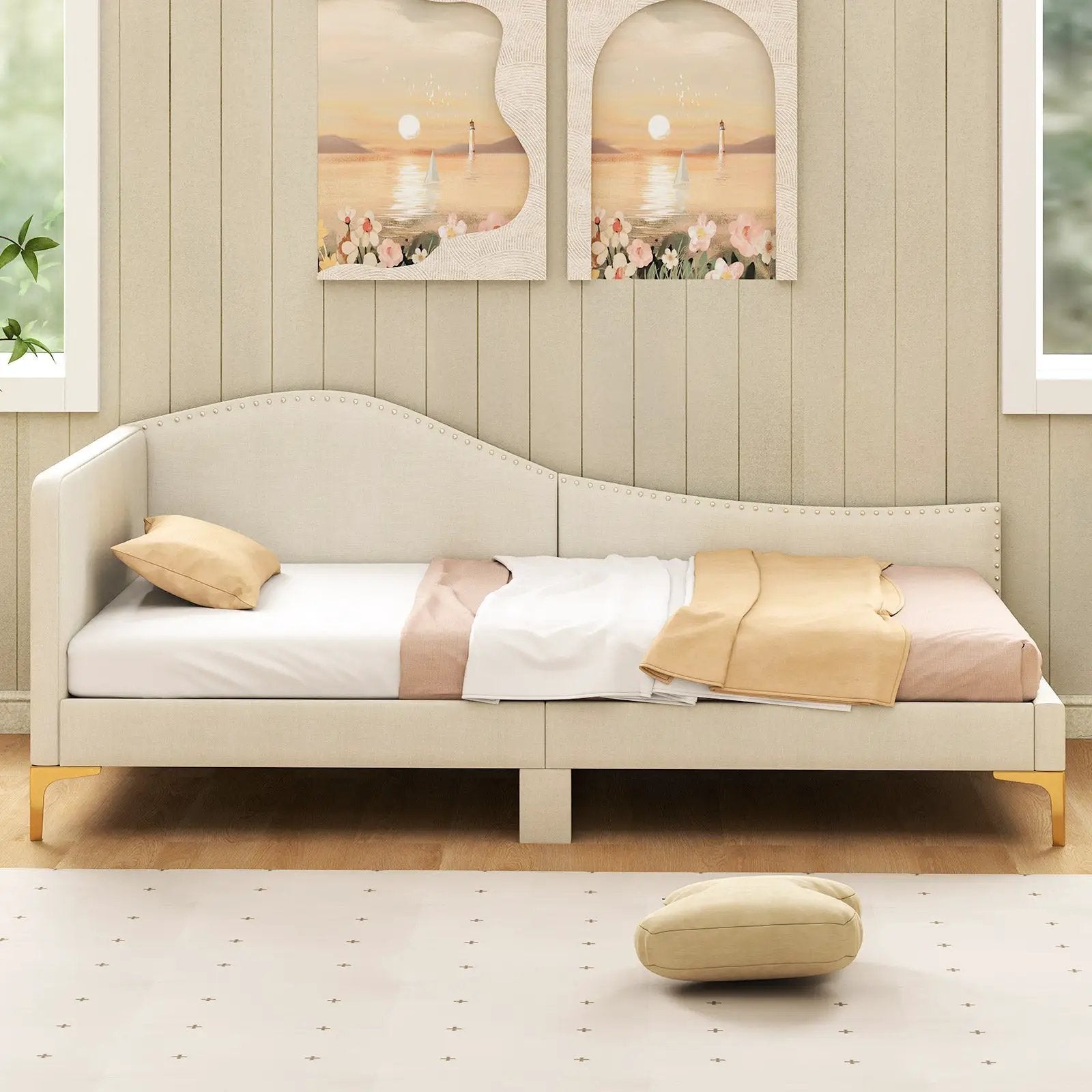 Full/Twin Size Upholstered Daybed with Metal Legs and Wood Slats by DirectDeals