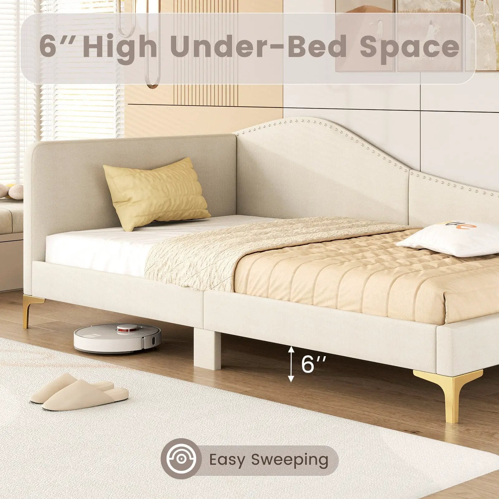 Full/Twin Size Upholstered Daybed with Metal Legs and Wood Slats by DirectDeals