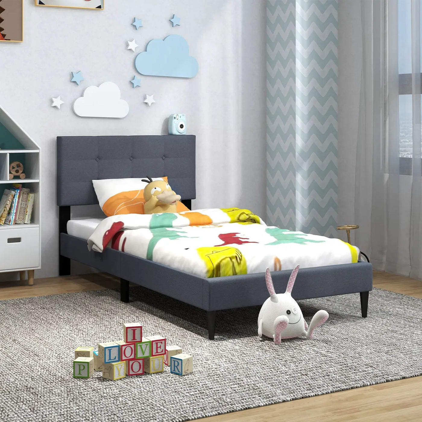 Twin Size Upholstered Platform Bed with Button Tufted Headboard-Gray by DirectDeals