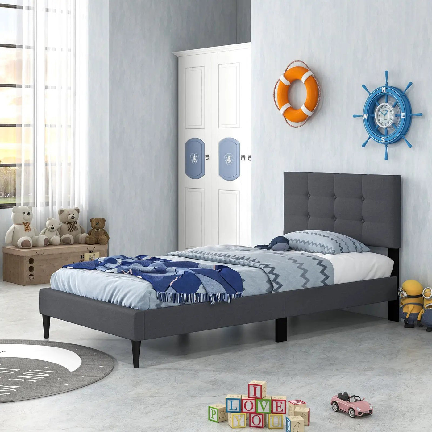 Twin Size Upholstered Platform Bed with Button Tufted Headboard-Gray by DirectDeals