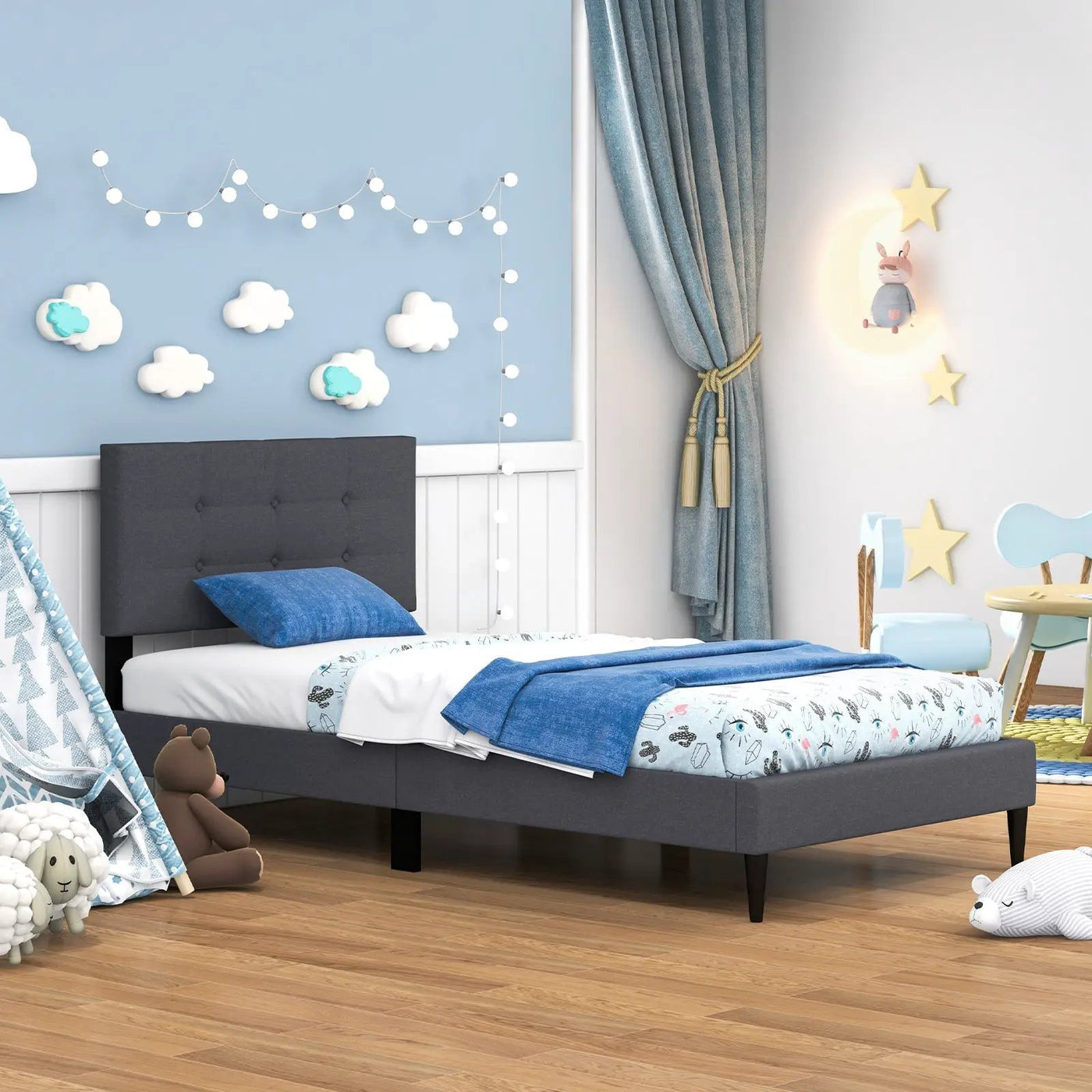 Twin Size Upholstered Platform Bed with Button Tufted Headboard-Gray by DirectDeals