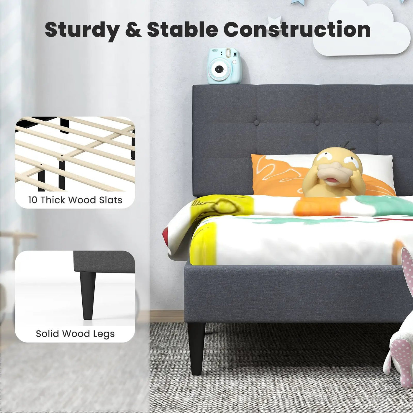 Twin Size Upholstered Platform Bed with Button Tufted Headboard-Gray by DirectDeals