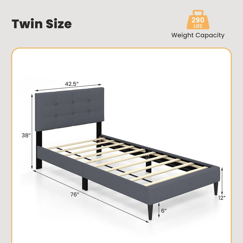 Twin Size Upholstered Platform Bed with Button Tufted Headboard-Gray by DirectDeals