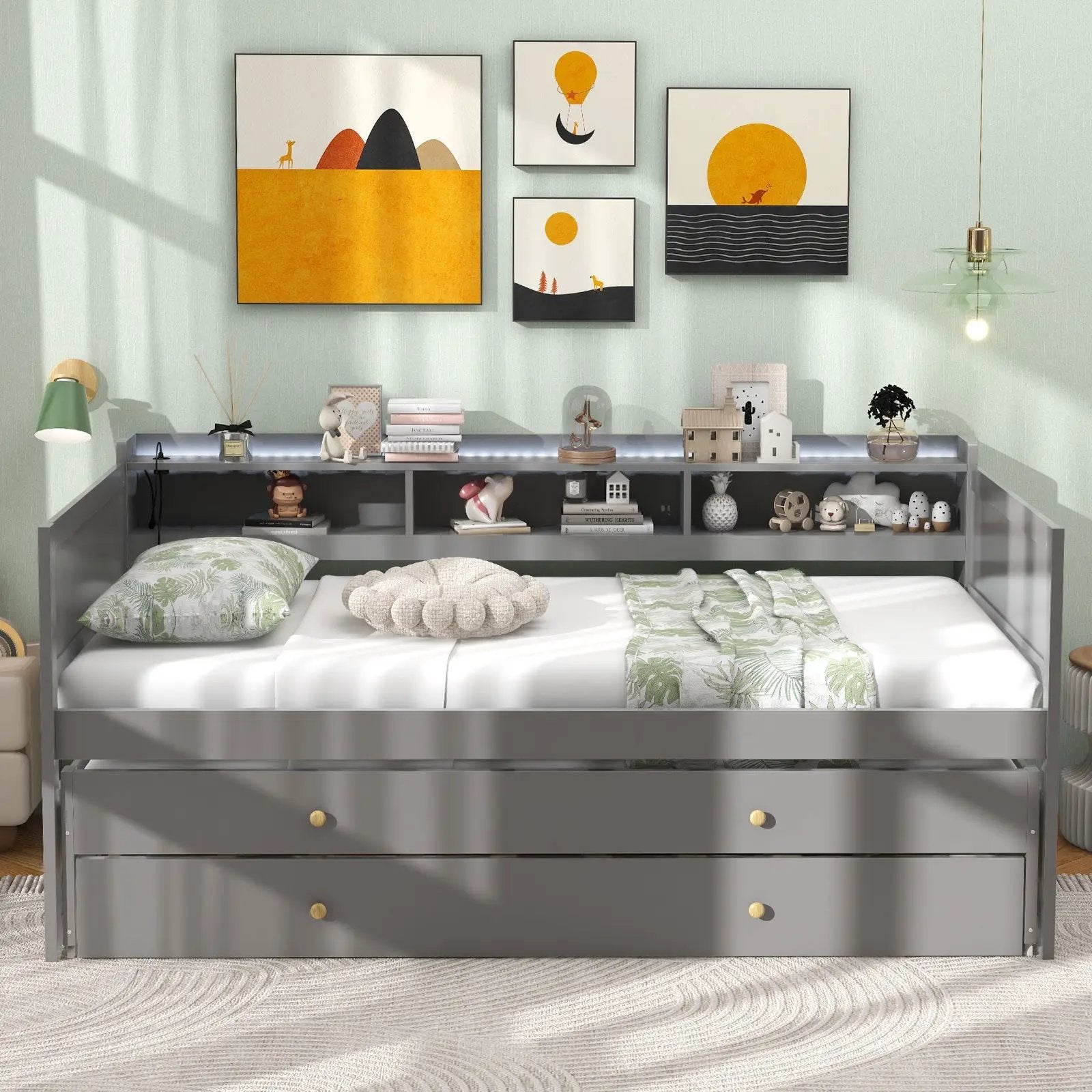 Twin XL Captain Bed with 2 Twin Trundle Beds and 3 Storage Cubbies-Gray by DirectDeals