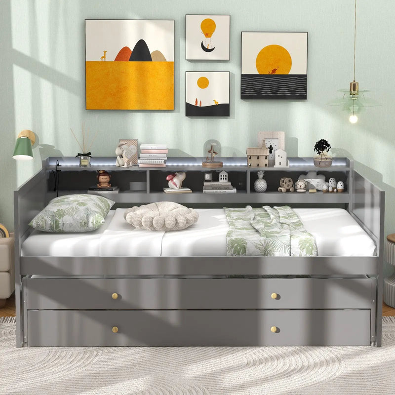 Twin XL Captain Bed with 2 Twin Trundle Beds and 3 Storage Cubbies-Gray by DirectDeals
