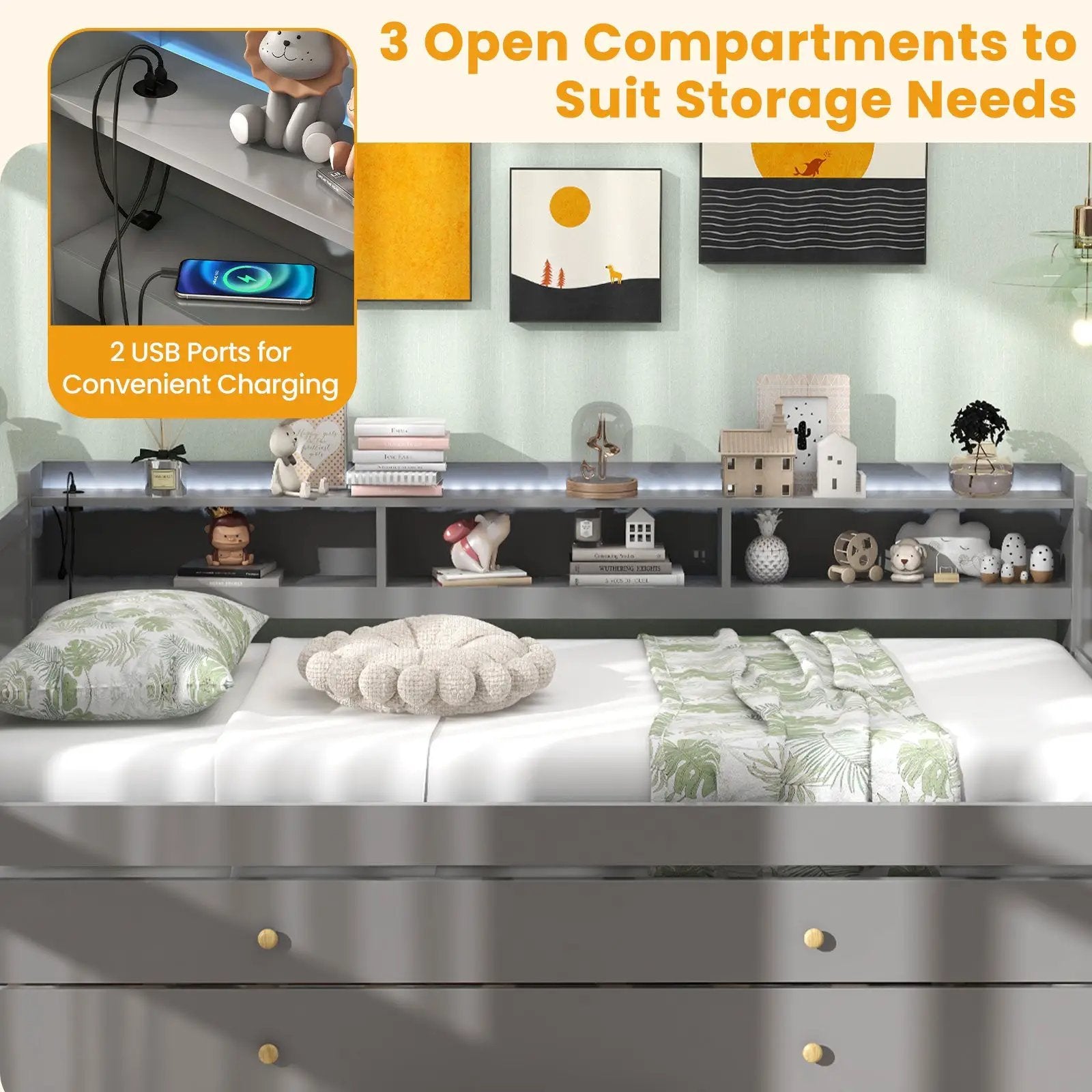 Twin XL Captain Bed with 2 Twin Trundle Beds and 3 Storage Cubbies-Gray by DirectDeals