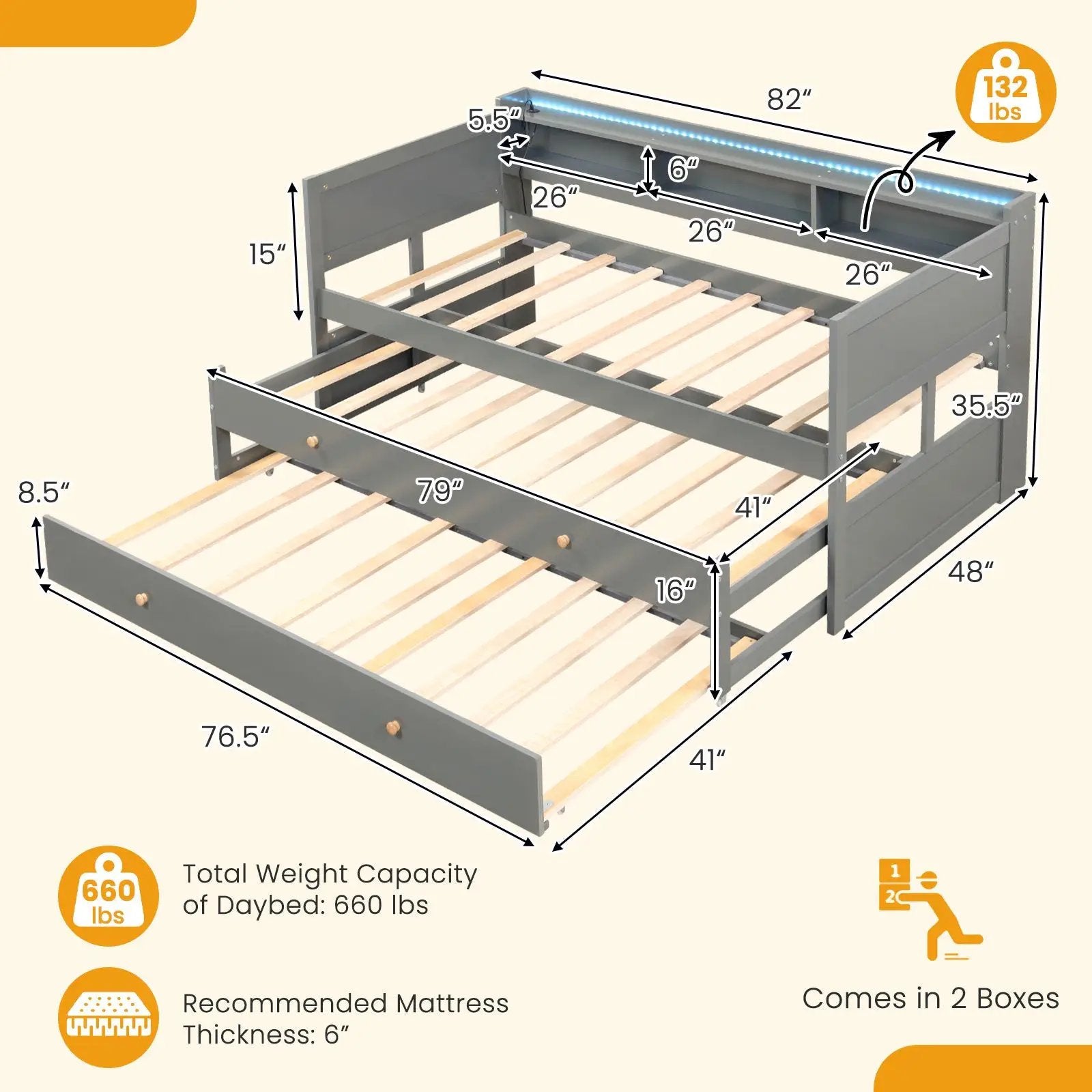 Twin XL Captain Bed with 2 Twin Trundle Beds and 3 Storage Cubbies-Gray by DirectDeals