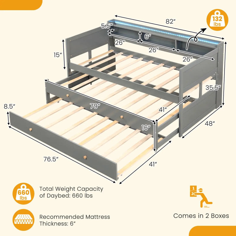 Twin XL Captain Bed with 2 Twin Trundle Beds and 3 Storage Cubbies-Gray by DirectDeals