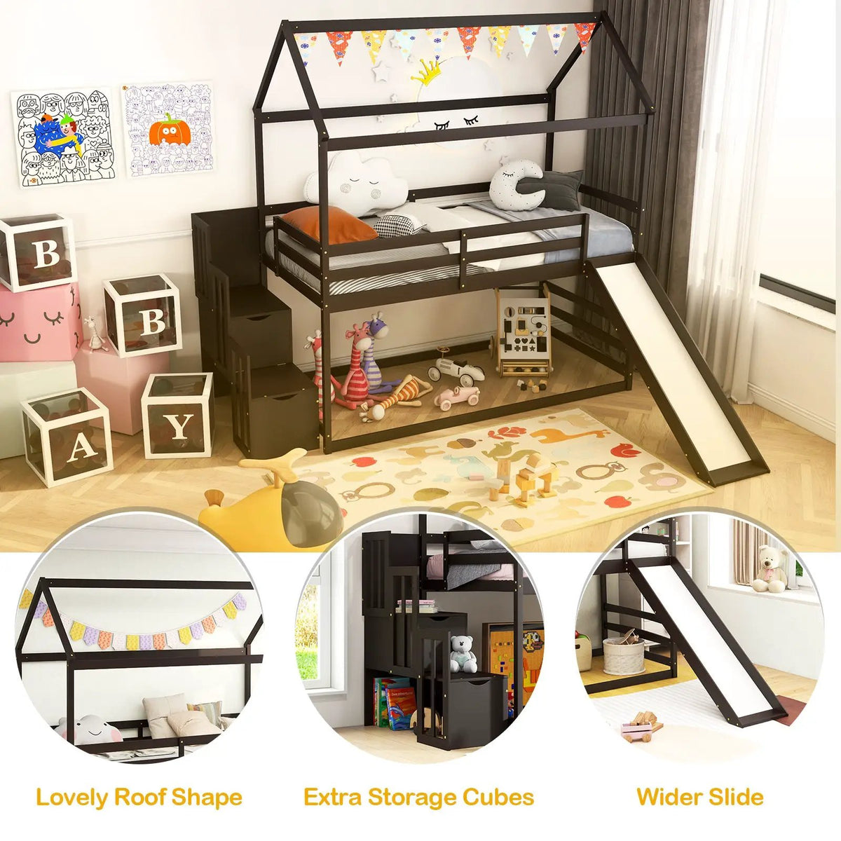Twin over Twin Bunk Bed with Slide and 2-Step Storage Staircase by DirectDeals