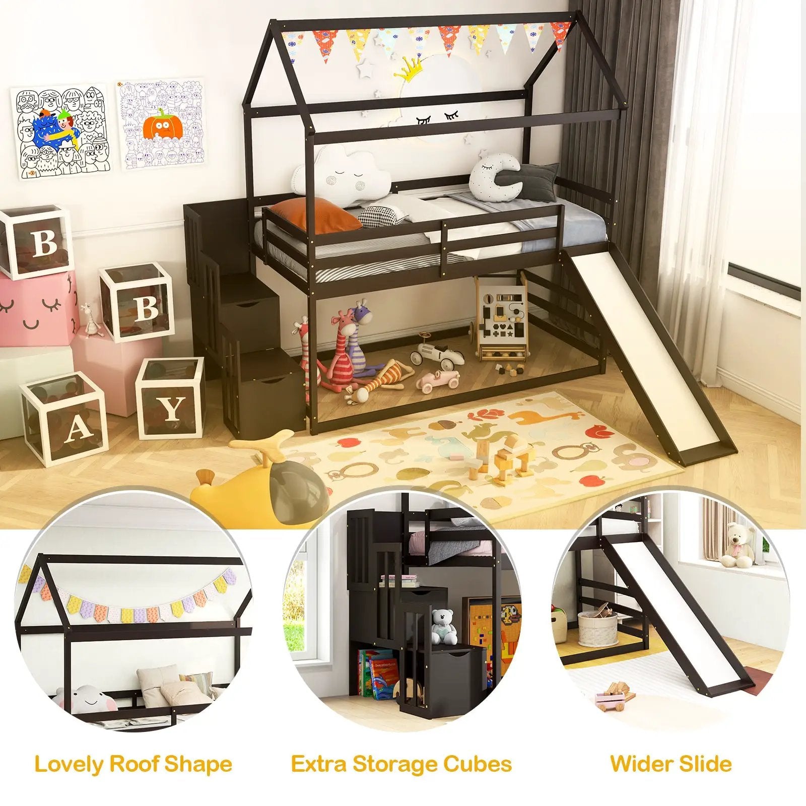 Twin over Twin Bunk Bed with Slide and 2-Step Storage Staircase by DirectDeals