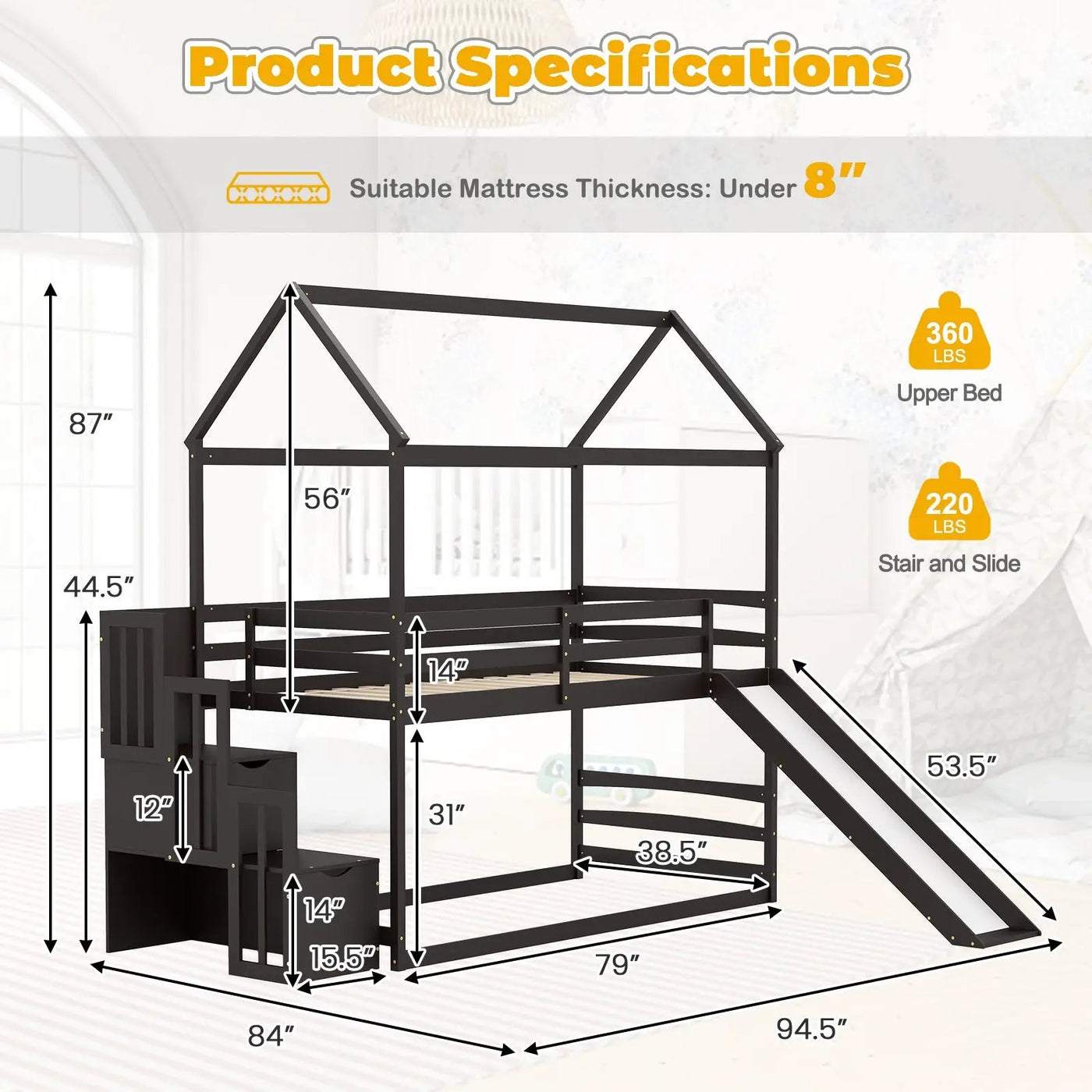 Twin over Twin Bunk Bed with Slide and 2-Step Storage Staircase by DirectDeals