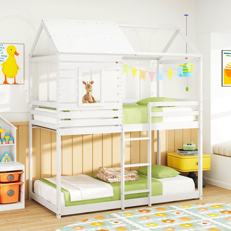 Twin over Twin House Bunk Bed with Roof and Full-length Guardrails-White by DirectDeals