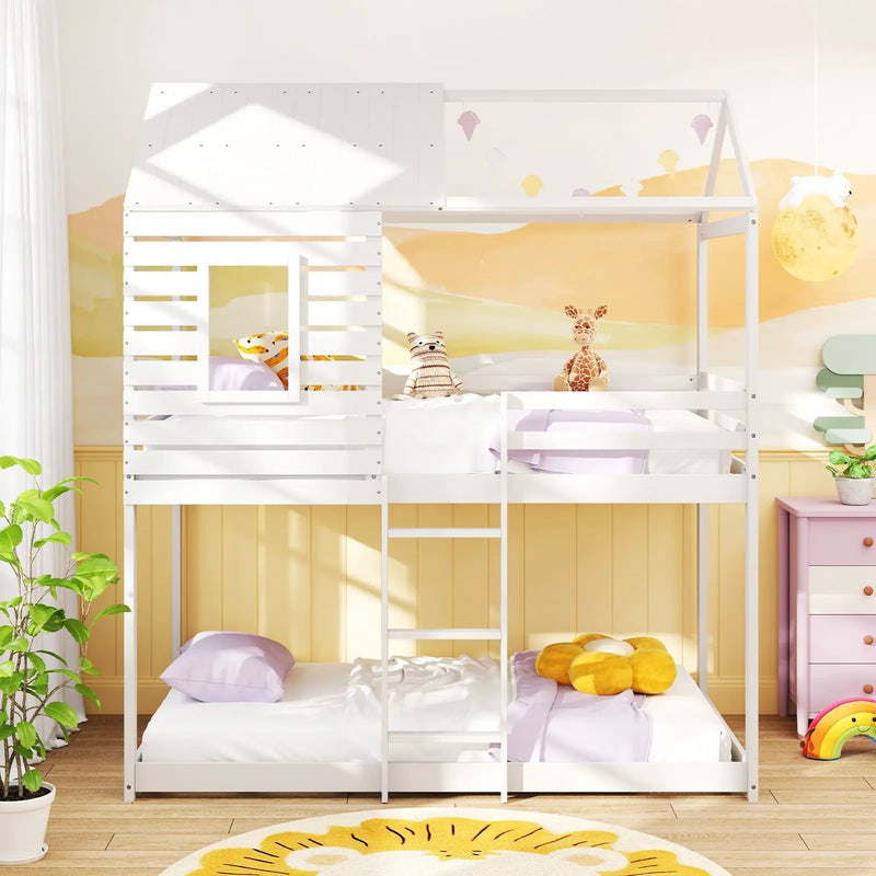 Twin over Twin House Bunk Bed with Roof and Full-length Guardrails-White by DirectDeals