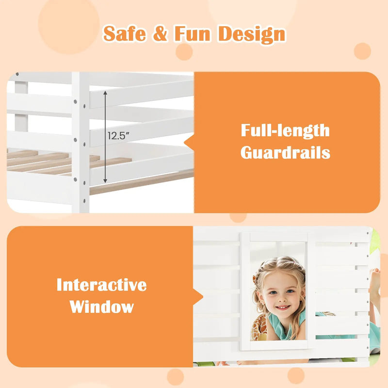 Twin over Twin House Bunk Bed with Roof and Full-length Guardrails-White by DirectDeals