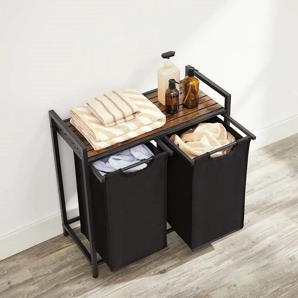Metal Wood Industrial Modern Laundry Sorter Hamper Black/Brown by HomePacific