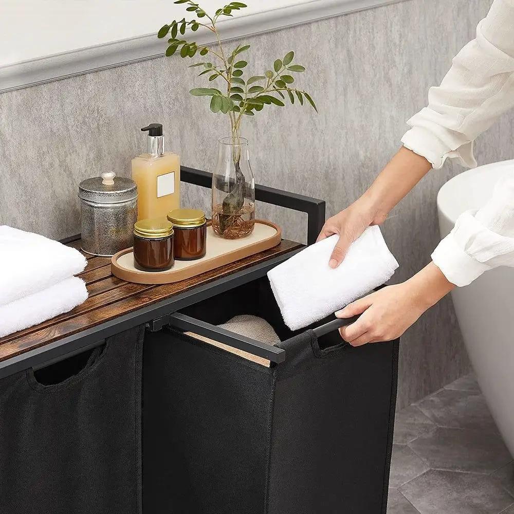 Metal Wood Industrial Modern Laundry Sorter Hamper Black/Brown by HomePacific