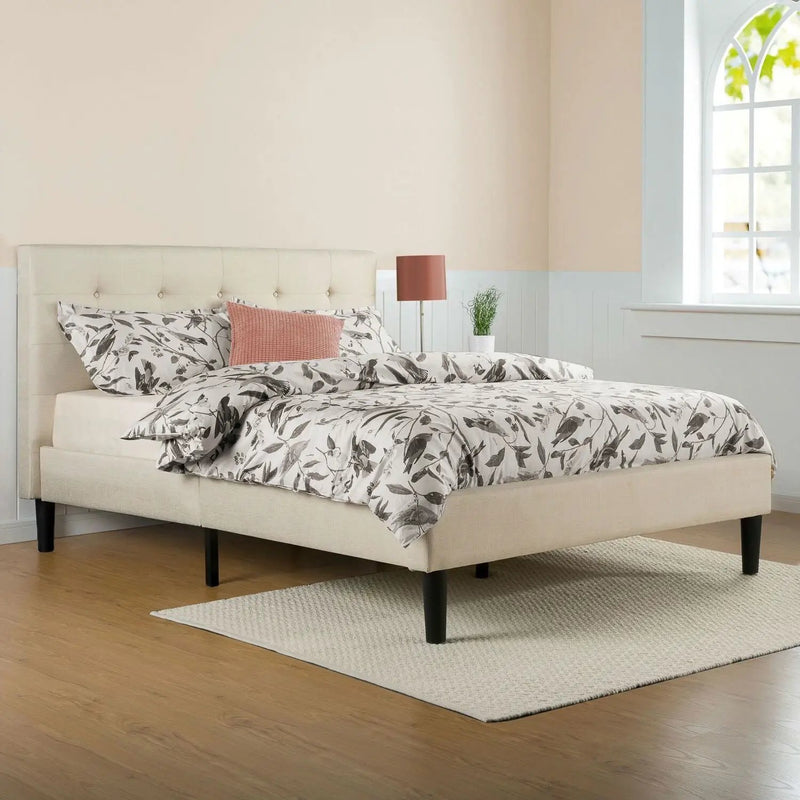 Queen size Taupe Beige Upholstered Platform Bed Frame with Headboard by HomePacific
