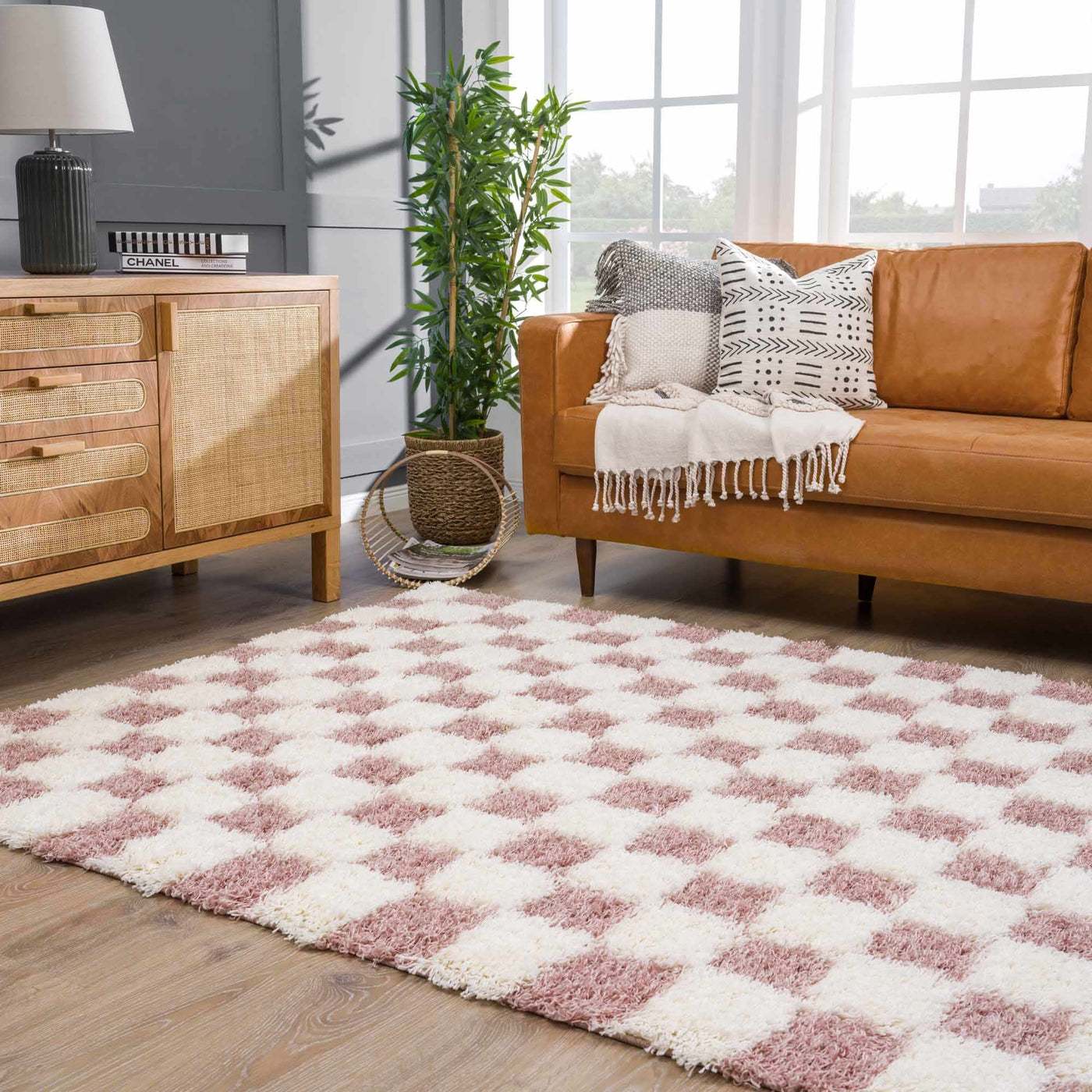 Atira Pink Checkered Shag Rug by Boutique Rugs