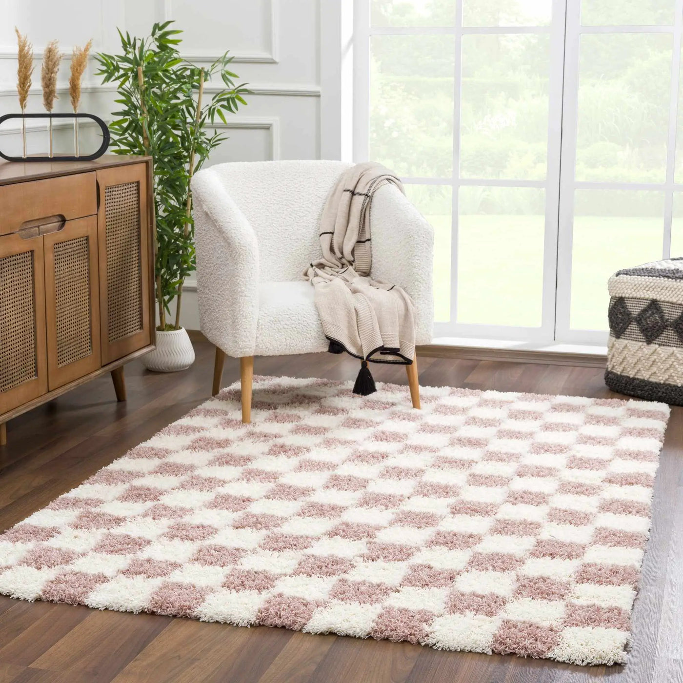 Atira Pink Checkered Shag Rug by Boutique Rugs