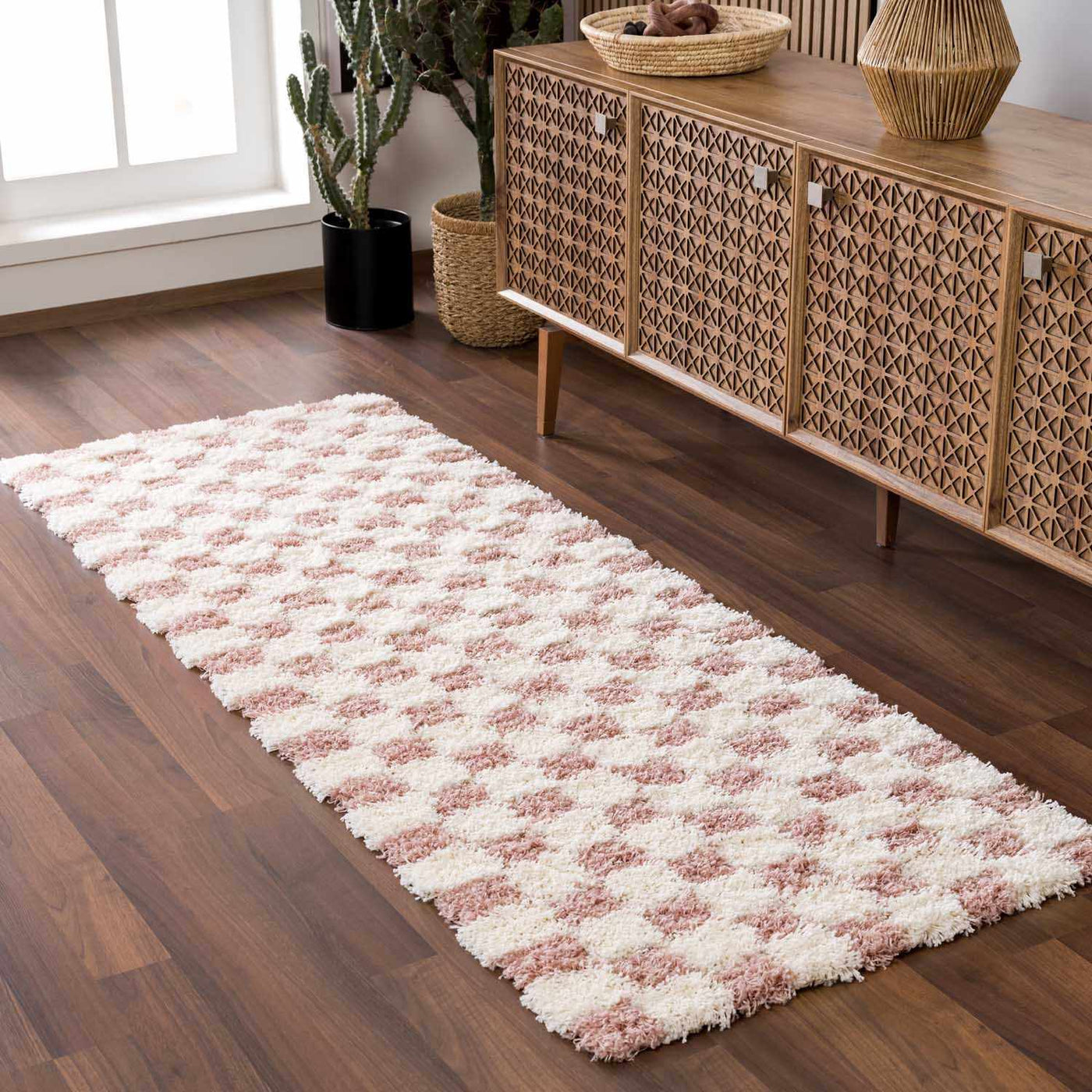 Atira Pink Checkered Shag Rug by Boutique Rugs