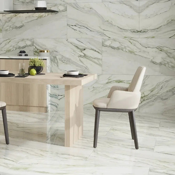 White with Sage Green Vein 24x48 Polished Porcelain Large Format Tile (2 pack, 15.42 sq ft/case)