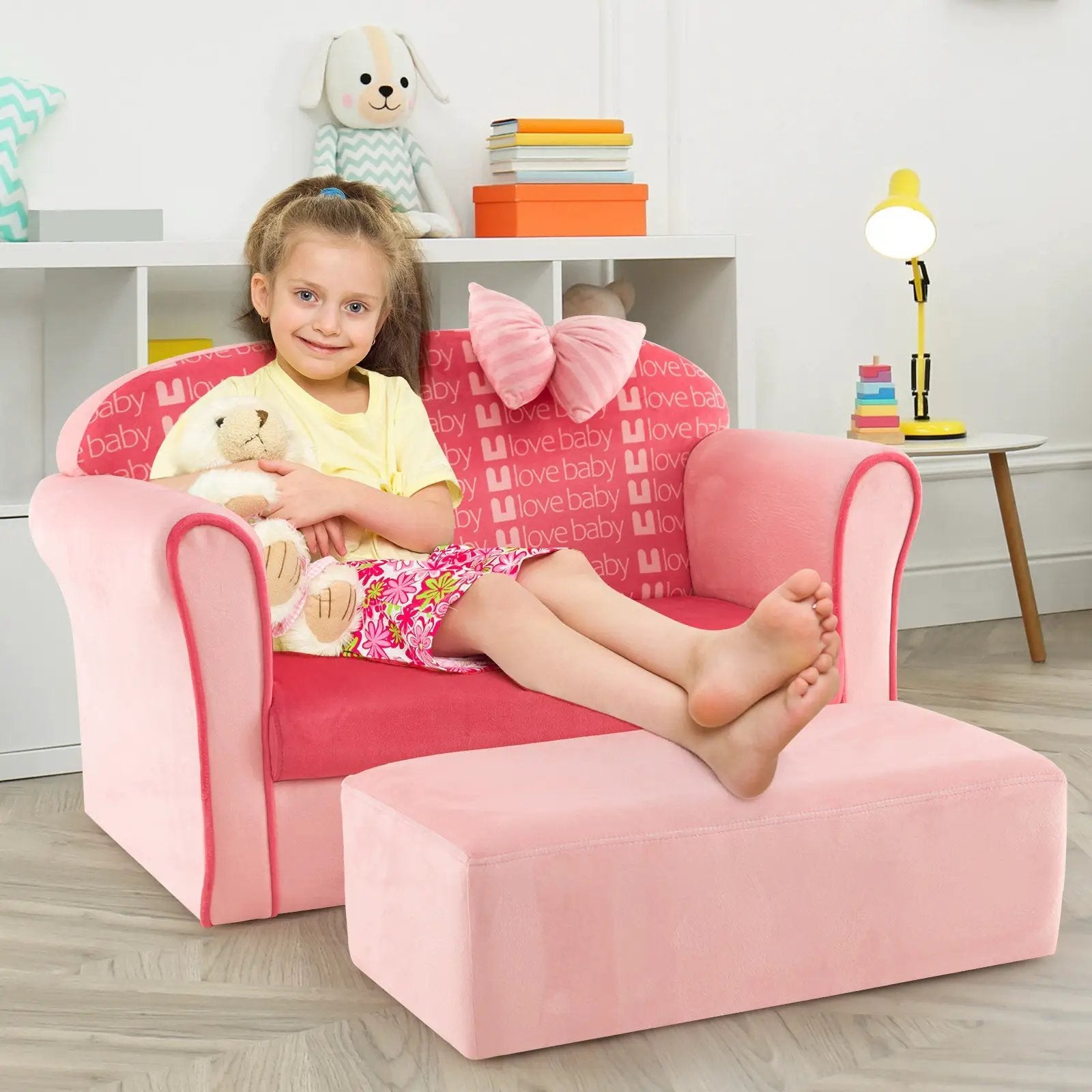 Ultra Soft Velvet Kids Sofa Chair Toddler Couch with Ottoman-Pink by DirectDeals