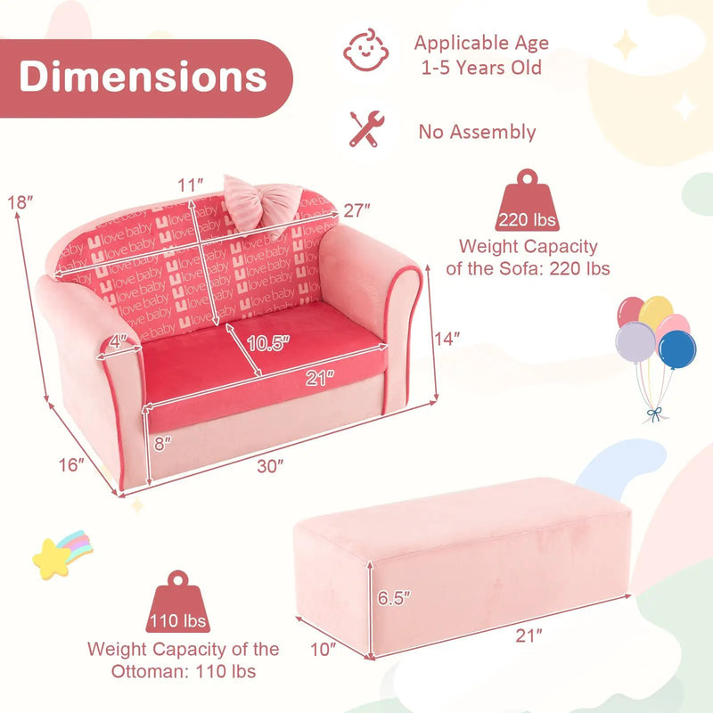 Ultra Soft Velvet Kids Sofa Chair Toddler Couch with Ottoman-Pink by DirectDeals