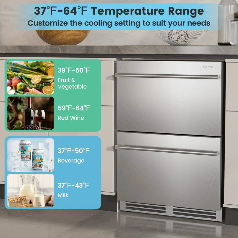 24 Inch Under Counter Dual Drawer Fridge with 37‚Ñâ-64‚Ñâ Temperature Range-Silver by DirectDeals