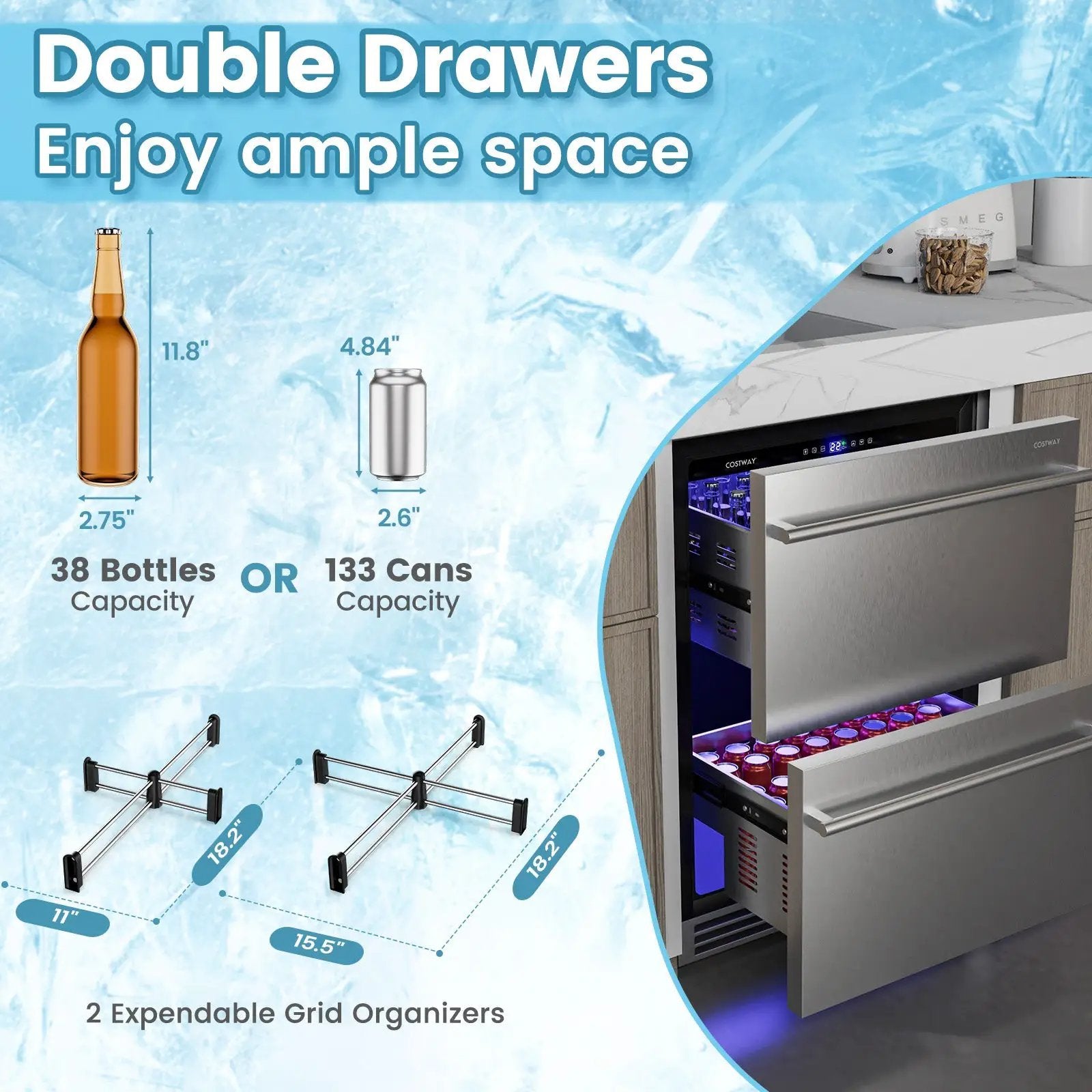 24 Inch Under Counter Dual Drawer Fridge with 37‚Ñâ-64‚Ñâ Temperature Range-Silver by DirectDeals