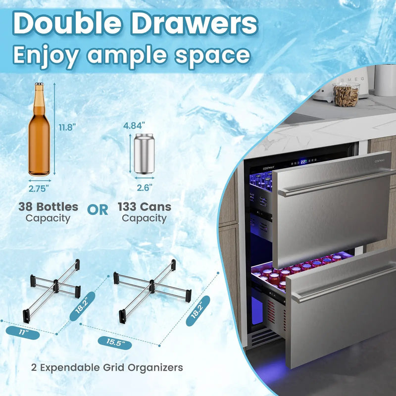 24 Inch Under Counter Dual Drawer Fridge with 37‚Ñâ-64‚Ñâ Temperature Range-Silver by DirectDeals