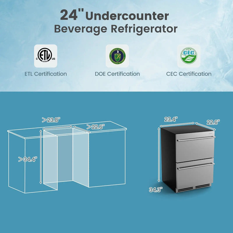 24 Inch Under Counter Dual Drawer Fridge with 37‚Ñâ-64‚Ñâ Temperature Range-Silver by DirectDeals