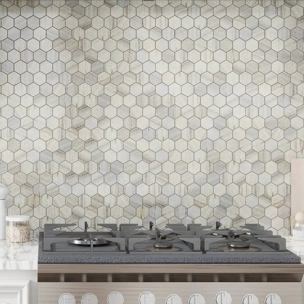 Soft White with Beige 12x12 Polished Hexagon Crystal Sand Marble Mosaic Tile (5 pack, 4.83 sq ft/case)