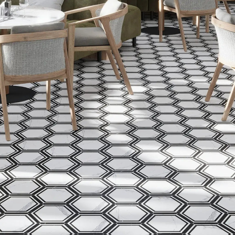 White Black 9x10 Matte Hexagon Porcelain Tile (18 pack, 8.07 sq ft/case) by Apollo Tile