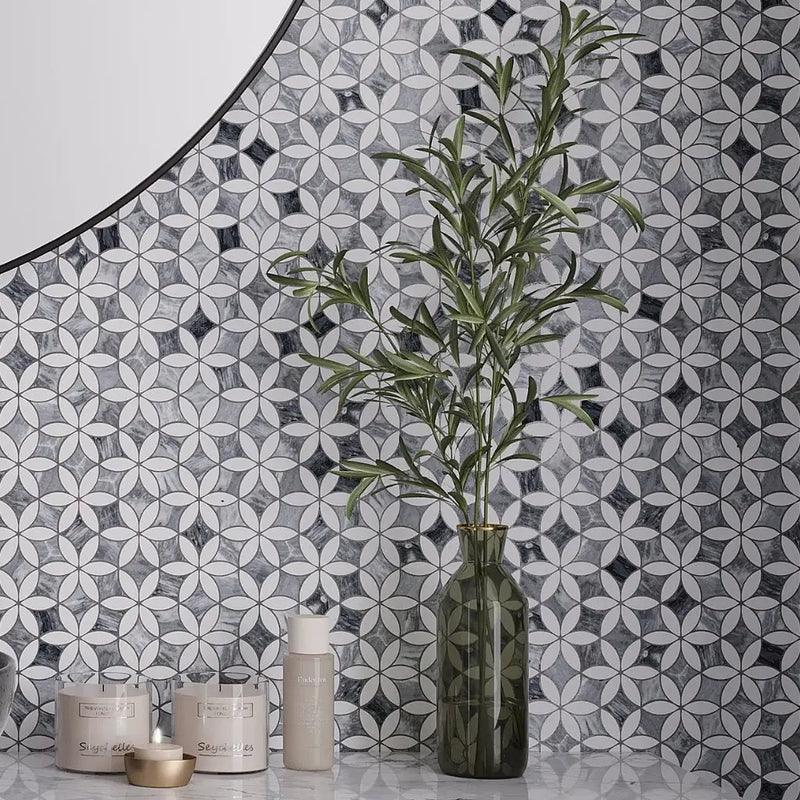 Gray White 12x15 Polished Floral Marble Mosaic Tile (5 pack, 6.18 sq ft/case) by Apollo Tile