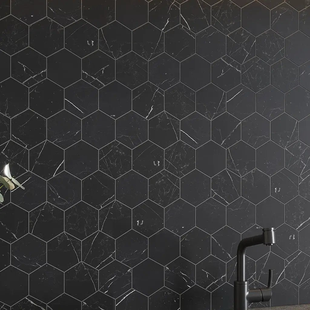 Black with White Vein 10x12 Polished Hexagon Glass Recycled Glass Mosaic Tile (10 pack, 8.29 sq ft/case) by Apollo Tile