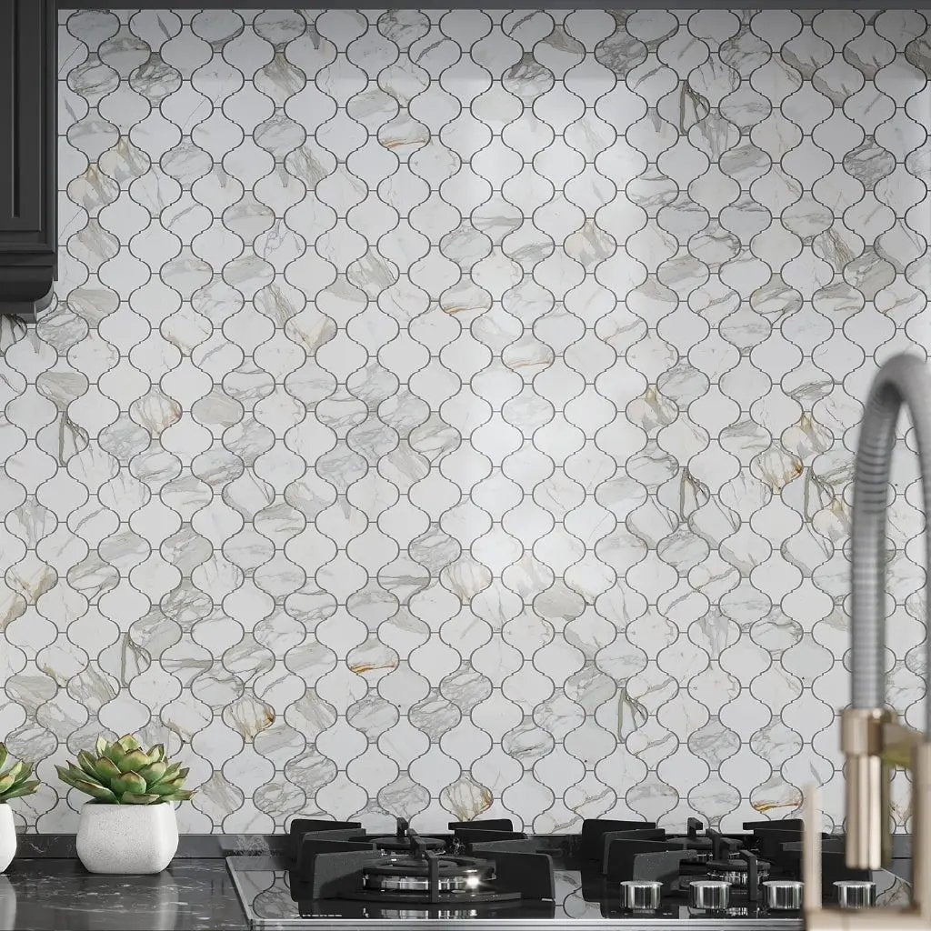 White Gray 10x11 Polished Arabesque Calacatta Gold Marble Mosaic Tile (5 pack, 3.75 sq ft/case) by Apollo Tile