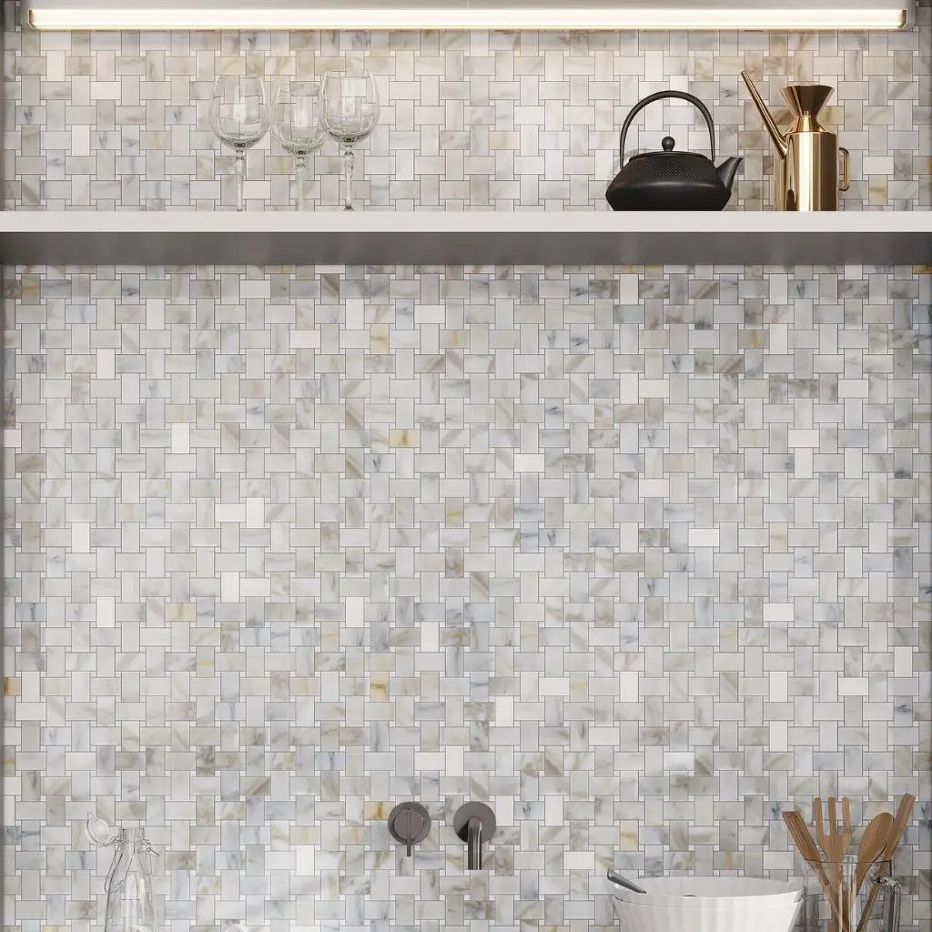 White Gray 12x12 Polished Basketweave Calacatta Gold Thassos Marble Mosaic Tile (5 pack, 5 sq ft/case) by Apollo Tile