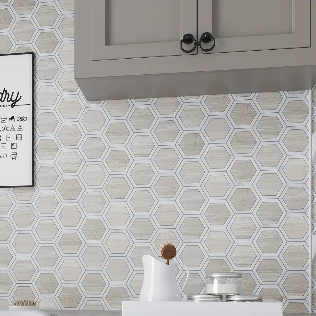 Wooden Grey, Bianco Carrara 12x14 Polished Hexagon Marble Mosaic Tile (5 pack, 5.48 sq ft/case) by Apollo Tile
