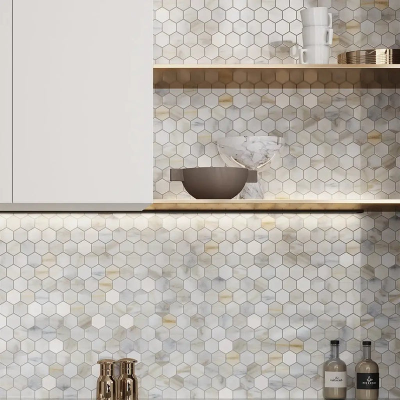 White Gray 12x12 Polished Hexagon Calacatta Gold Marble Mosaic Tile (5 pack, 4.83 sq ft/case) by Apollo Tile