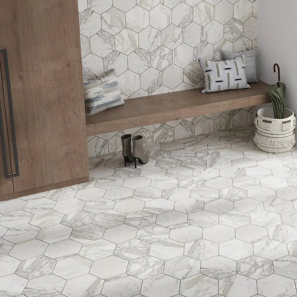 White Gray 10x10 Honed Hexagon Calacatta Gold Marble Tile (5 pack, 2.95 sq ft/case)