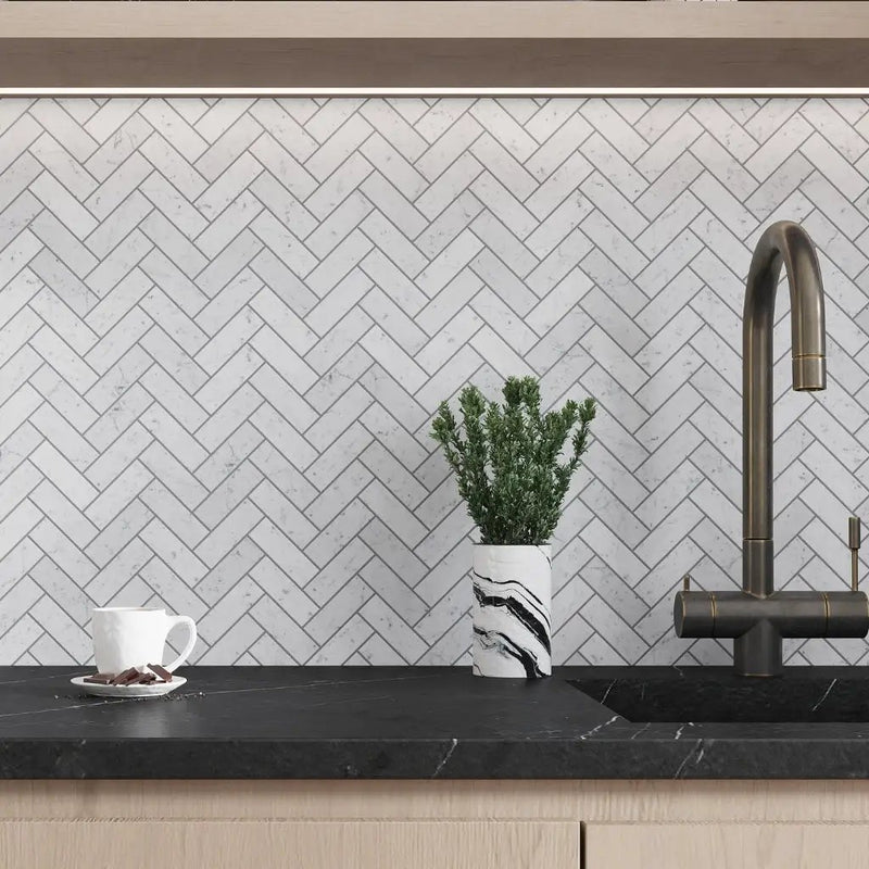 White 12x12 Honed Herringbone Bianco Carrara Marble Mosaic Tile (5 pack, 5.29 sq ft/case) by Apollo Tile
