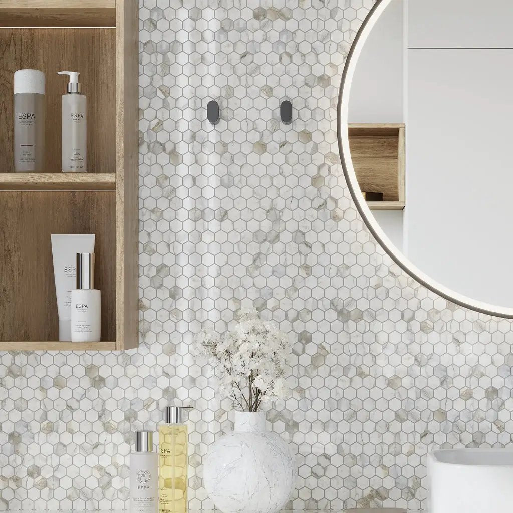 White Gray 11x12 Polished Hexagon Calacatta Gold Marble Mosaic Tile (5 pack, 4.55 sq ft/case) by Apollo Tile