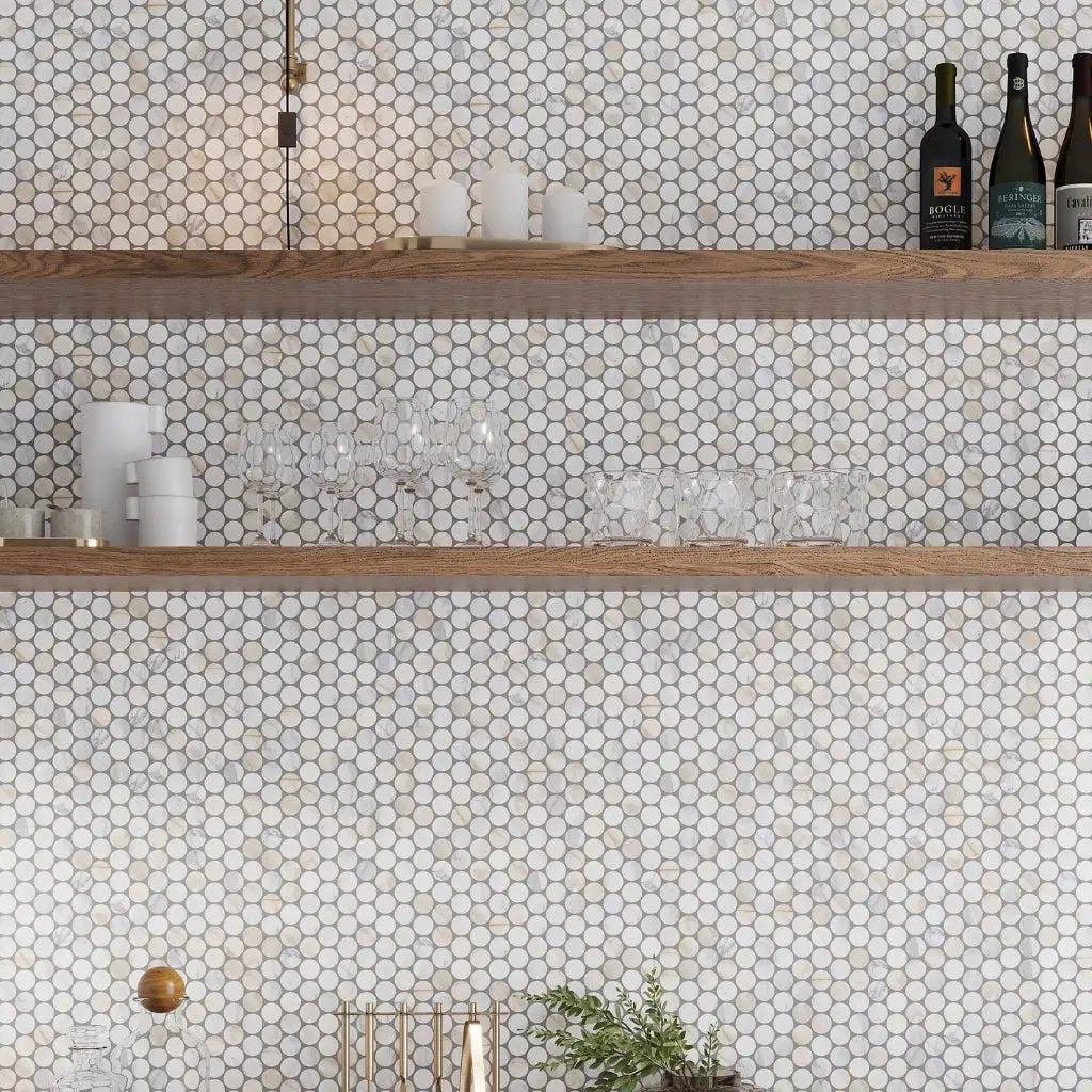 White Gray 11x12 Penny Round Polished Calacatta Gold Marble Mosaic Tile (5 pack, 4.47 sq ft/case) by Apollo Tile