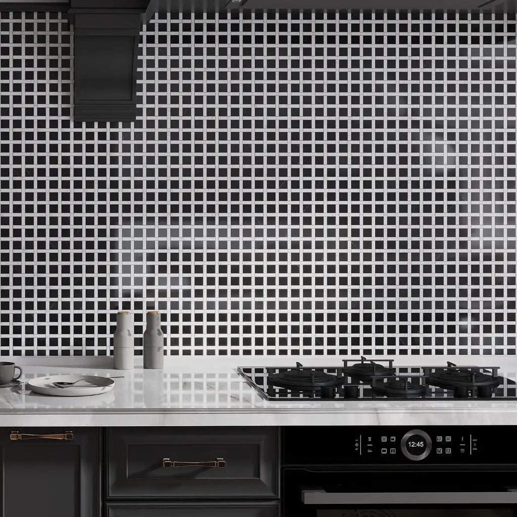 Eastern Black White 12x12 Polished Basketweave Marble Mosaic Tile (5 pack, 5 sq ft/case) by Apollo Tile