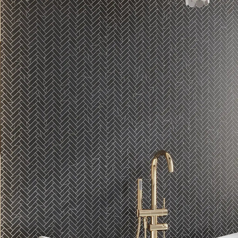 Black with White Vein 11x13 Polished Herringbone Glass Recycled Glass Mosaic Tile (10 pack, 9.63 sq ft/case) by Apollo Tile