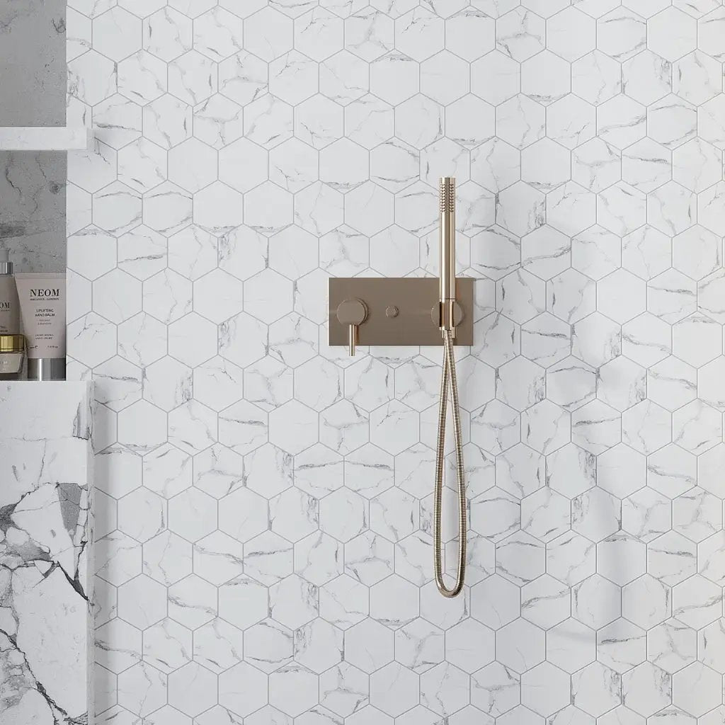White with Gray Vein 10x12 Polished Hexagon Glass Recycled Glass Mosaic Tile (10 pack, 8.29 sq ft/case) by Apollo Tile